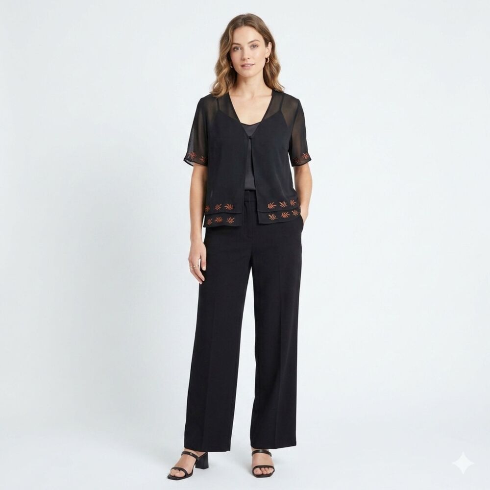 Studio I Chiffon Cardigan Women M Black Leaf Print Lightweight Layered Cover Up